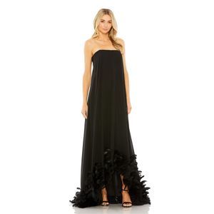 MAC DUGGAL STRAPLESS FLARE FEATHER HEM GOWN